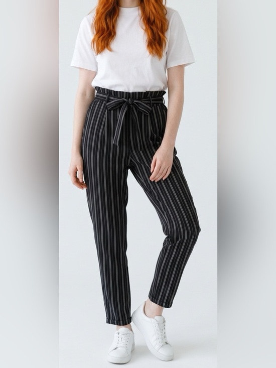 Becool Pants - Becool Striped Paperbag Waist Pants - Black - Medium - SKU 75